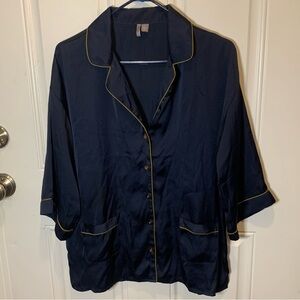 Chelsea28 Silky Navy Pajama Top with Gold Contrast Piping Size L